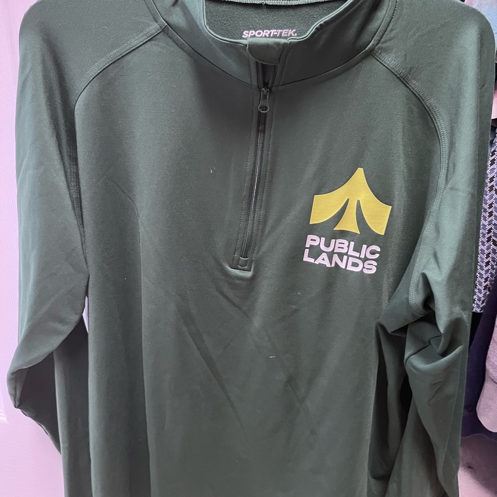 Men's Size Large Sport-Tek Green Pullover with "PUBLIC LANDS" Logo Worn 2 times